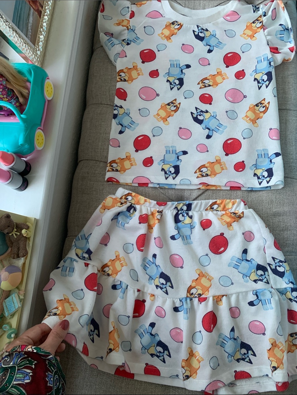 Bluey and Bingo Girls White Blue and Orange Cartoon Bubble Print Skirt Set